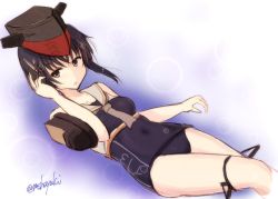 Rule 34 | 10s, 1girl, asymmetrical hair, bare arms, bare shoulders, black hair, brown eyes, clothes writing, hair between eyes, hand on headphones, hat, headphones, i-13 (kancolle), kantai collection, mashayuki, sailor collar, school swimsuit, short hair, solo, swimsuit, twitter username