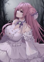 Rule 34 | 1girl, artfairy, bare shoulders, bare tree, bow, braid, breasts, cleavage, collarbone, crying, detached sleeves, dorothy (nikke), dress, empty eyes, forest, frilled dress, frills, goddess of victory: nikke, hair bun, hair intakes, highres, large breasts, long hair, looking up, nature, parted lips, pink hair, purple bow, purple eyes, purple ribbon, ribbon, solo, tree, white dress