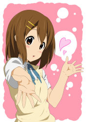 Rule 34 | 1girl, blush, blush stickers, brown eyes, brown hair, hair ornament, hairclip, heart, highres, hirasawa yui, iyakun, k-on!, official style, open mouth, outstretched hand, school uniform, short hair, short sleeves, solo, sweater vest