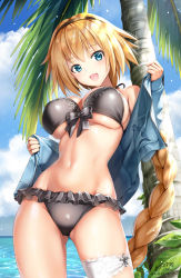 Rule 34 | 1girl, ayakawa riku, bare shoulders, bikini, black bikini, blonde hair, blue eyes, blue jacket, blush, braid, breasts, cleavage, collarbone, commentary request, contrapposto, cowboy shot, fate/grand order, fate (series), gluteal fold, hair between eyes, hairband, hood, hooded jacket, jacket, jeanne d&#039;arc (fate), jeanne d&#039;arc (ruler) (fate), jeanne d&#039;arc (swimsuit archer) (fate), jeanne d&#039;arc (swimsuit archer) (first ascension) (fate), large breasts, long hair, looking at viewer, navel, open clothes, open mouth, sidelocks, single braid, skindentation, smile, solo, swimsuit, twitter username, very long hair