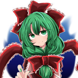 Rule 34 | 1girl, blush, bow, clip studio paint (medium), closed mouth, commentary request, dress, fingernails, frilled bow, frilled ribbon, frills, front ponytail, green eyes, green hair, green nails, hair between eyes, hair bow, hair ribbon, kagiyama hina, long hair, looking at viewer, nail polish, puffy short sleeves, puffy sleeves, red dress, red ribbon, ribbon, sharp fingernails, short sleeves, smile, solo, touhou, upper body, white background, yasui nori