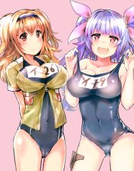 Rule 34 | 10s, 2girls, :d, arms behind back, blue hair, blue one-piece swimsuit, blunt bangs, blush, breasts, brown eyes, bursting breasts, cameltoe, cardigan, cleavage, closed mouth, collarbone, covered navel, cowboy shot, fang, hair between eyes, hair intakes, hair ornament, hair ribbon, hairband, hands up, heart, heart-shaped pupils, i-19 (kancolle), i-26 (kancolle), kantai collection, large breasts, legs apart, legs together, lifting own clothes, light brown hair, light smile, long hair, looking at viewer, low-tied long hair, multiple girls, name tag, new school swimsuit, old school swimsuit, one-piece swimsuit, open cardigan, open clothes, open mouth, p answer, pink background, pink ribbon, red eyes, ribbon, sailor collar, school swimsuit, short sleeves, simple background, single vertical stripe, sketch, smile, standing, strap lift, swimsuit, swimsuit under clothes, symbol-shaped pupils, tri tails, twintails, two-tone hairband, two side up, unzipped, zipper