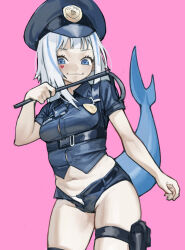 1girl adapted_costume blue_eyes blue_hair blue_hat blue_panties blue_shirt breasts character_name closed_mouth collared_shirt commentary english_commentary fins fish_tail gawr_gura grey_hair groin hand_up hat heart_stickers highres holding hololive hololive_english looking_at_viewer medium_hair midriff navel panties peaked_cap petite pink_background police police_uniform policewoman shark_girl shark_tail shirt short_sleeves small_breasts solo standing sticker_on_face sweetcassava tail thigh_strap underwear uniform upper_body v-shaped_eyebrows virtual_youtuber