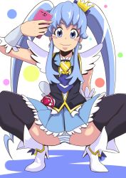 Rule 34 | 10s, 1girl, bad id, bad pixiv id, black thighhighs, blue eyes, blue hair, blue skirt, blush stickers, boots, cellphone, crown, cure princess, happinesscharge precure!, heart, highres, long hair, looking at viewer, magical girl, matching hair/eyes, panties, pantyshot, phone, precure, shirayuki hime, skirt, solo, squatting, striped clothes, striped panties, thighhighs, twintails, underwear, upskirt, yuguraniru