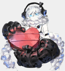 Rule 34 | 10s, 1girl, absurdly long hair, abyssal ship, blue eyes, box, bra strap, braid, colored skin, commentary request, glasses, headphones, heart-shaped box, heimo liujun, kantai collection, long hair, looking at viewer, mechanical arms, power fist, single mechanical arm, sketch, solo, supply depot princess, valentine, very long hair, white hair, white skin