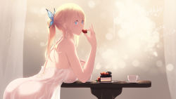 Rule 34 | 1girl, ass, backlighting, blonde hair, blue eyes, blurry, bokeh, boku wa tomodachi ga sukunai, breast rest, breasts, butterfly hair ornament, cait aron, cake, commentary request, depth of field, dress, eating, food, from side, fruit, hair between eyes, hair ornament, halterneck, highres, kashiwazaki sena, large breasts, leaning forward, long hair, looking at viewer, ponytail, see-through silhouette, sidelocks, solo, strawberry, white dress