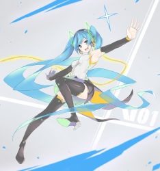 Rule 34 | &gt;;d, 1girl, ;d, aqua eyes, aqua hair, armpits, black footwear, black skirt, black thighhighs, boots, breasts, detached sleeves, fhang, grey background, hatsune miku, headphones, headset, high heels, highres, long hair, long sleeves, one eye closed, open mouth, outstretched arms, pleated skirt, shirt, skirt, sleeveless, sleeveless shirt, small breasts, smile, solo, sparkle, spread arms, thigh boots, thighhighs, twintails, v-shaped eyebrows, very long hair, vocaloid, white shirt, zettai ryouiki