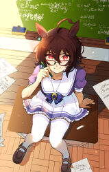 Rule 34 | 1girl, absurdres, agnes tachyon (umamusume), ahoge, animal ears, brown footwear, brown hair, chalkboard, classroom, floor, frilled skirt, frills, from above, glasses, highres, holding, holding pencil, horse ears, horse girl, indoors, looking at viewer, paper, pencil, puffy short sleeves, puffy sleeves, red eyes, school uniform, short hair, short sleeves, sitting, skirt, smile, solo, thighhighs, tracen school uniform, umamusume, white thighhighs, yamada-g