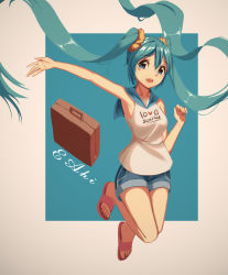 Rule 34 | 00s, 1girl, aqua hair, armpits, artist name, blue eyes, eahi, floating hair, hatsune miku, highres, long hair, looking at viewer, outstretched arm, solo, twintails, very long hair, vocaloid