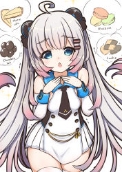 Rule 34 | 1girl, ahoge, azur lane, blue eyes, breasts, cake, checkerboard cookie, cheesecake, chestnut mouth, chocolate, cookie, detached sleeves, drooling, english text, food, grey hair, hair ornament, hairclip, halsey powell (azur lane), hestia (neko itachi), long hair, looking at viewer, macaron, necktie, open mouth, small breasts, solo, thighhighs