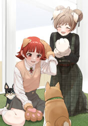 2girls ^_^ absurdres animal_ears animal_hands belt_buckle black_shirt blush brown_hair brown_sweater_vest buckle closed_eyes commentary_request dog dog_ears dog_paws dress gloves green_dress grey_skirt hakozaki_serika highres idolmaster idolmaster_million_live! kaiso_(kaisooekaki) kemonomimi_mode looking_at_animal multiple_girls nonohara_akane paw_gloves pinafore_dress plaid_clothes plaid_dress red_hair school_uniform shiba_inu shirt sitting skirt sleeveless sleeveless_dress smile sweater_vest wariza white_shirt yorkshire_terrier