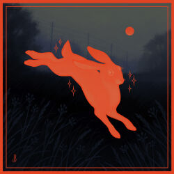 animal animal_focus artist_logo border dappermouth dark_background day dim_lighting field fog glowing grass grey_background grey_sky highres horror_(theme) inset_border no_humans original power_lines rabbit red_border red_eyes red_fur red_sun red_theme running sky sun tree utility_pole