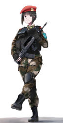 Rule 34 | 1girl, absurdres, assault rifle, beret, black eyes, black hair, blunt bangs, bob cut, boots, bullpup, camouflage, china, combat boots, commentary, digital camouflage, epaulettes, fingerless gloves, gloves, gun, hat, highres, knee pads, load bearing vest, looking at viewer, marching, military, nguyen tam lee, original, paratrooper, qbz-95, rifle, short hair, simple background, soldier, solo, weapon, white background