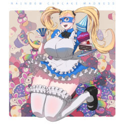 Rule 34 | 1girl, breasts, butcherboy, cake, capcom, cup, cupcake, food, huge breasts, large breasts, looking at viewer, maid, mask, rainbow mika, solo, street fighter, teacup, thick thighs, thighs, twintails