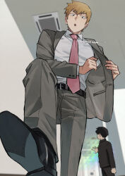 Rule 34 | 2boys, :o, artist name, belt, belt buckle, black belt, black footwear, black hair, black jacket, black pants, brown hair, buckle, collared shirt, commentary, dress shirt, english commentary, from below, gakuran, grey jacket, grey pants, indoors, jacket, kadeart, kageyama shigeo, lapels, long sleeves, looking at viewer, looking down, looking to the side, male focus, mob psycho 100, multiple boys, necktie, open clothes, open jacket, open mouth, pants, pink necktie, reigen arataka, school uniform, shirt, shirt tucked in, shoes, short hair, signature, standing, v-shaped eyebrows, vent (object), white shirt, wing collar
