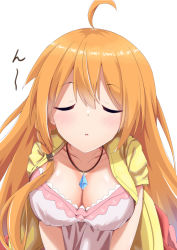 Rule 34 | 1girl, ahoge, blush, breasts, cleavage, closed eyes, collarbone, dress, hair between eyes, incoming kiss, jacket, jewelry, large breasts, long hair, necklace, orange hair, pecorine (princess connect!), pecorine (real) (princess connect!), pink dress, princess connect!, simple background, solo, syurimp, upper body, white background, yellow jacket