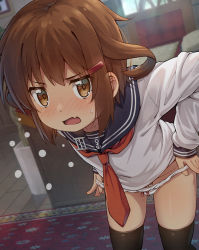 Rule 34 | 1girl, anchor symbol, bent over, black sailor collar, black thighhighs, blush, bow, bow panties, brown eyes, brown hair, fang, foot out of frame, hair ornament, hairclip, highres, ikazuchi (kancolle), indoors, jabittoson, kantai collection, long sleeves, neckerchief, no pants, open mouth, paid reward available, panties, panty pull, pulling own clothes, red neckerchief, revision, sailor collar, school uniform, serafuku, short hair, skin fang, skindentation, solo, thighhighs, underwear, white panties