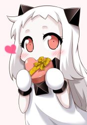 Rule 34 | 10s, 1girl, abyssal ship, ahoge, blush, box, candy, chocolate, chocolate heart, commentary request, contemporary, covering own mouth, dress, food, gift, gift box, heart, heart-shaped box, holding, horns, kantai collection, long hair, looking at viewer, mittens, northern ocean princess, pale skin, solo, valentine, white dress, white hair, yamato nadeshiko