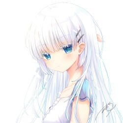 Rule 34 | 1girl, absurdres, amatsuji, blue eyes, closed mouth, colored eyelashes, expressionless, eyelashes, eyes visible through hair, from side, hair between eyes, hair ornament, hairclip, head tilt, highres, light blush, long hair, looking at viewer, naruse shiroha, shirt, short sleeves, sidelocks, signature, simple background, solo, summer pockets, white background, white hair, white shirt