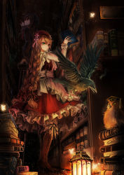 Rule 34 | 2girls, bad id, bad pixiv id, bird, book, book stack, bookshelf, boots, bow, bug, butterfly, crow, dress, emon (glossy black), frilled dress, frills, from below, glowing butterfly, green eyes, hair bow, holding, holding book, indoors, insect, lantern, light, long hair, long sleeves, low-tied long hair, multiple girls, original, owl, red bow, red dress, thigh boots, thighhighs