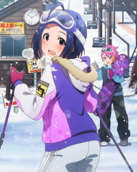 Rule 34 | 10s, 2girls, :d, ahoge, artist request, blue hair, from behind, gloves, goggles, goggles on head, idolmaster, idolmaster (classic), idolmaster million live!, looking at viewer, looking back, maihama ayumu, million live card, miura azusa, multiple girls, official art, open mouth, short hair, skiing, smile, source request
