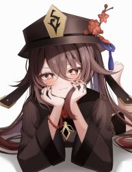 1girl :3 arm_rest barefoot bead_bracelet beads black_nails bracelet brown_hair chinese_clothes flower flower-shaped_pupils genshin_impact hair_between_eyes hair_flaps hat hat_flower hat_tassel highres hu_tao_(genshin_impact) jewelry komor_yuki long_hair long_sleeves looking_at_viewer lying multiple_rings on_stomach porkpie_hat red_eyes ring simple_background smile solo symbol-shaped_pupils toes twintails white_background