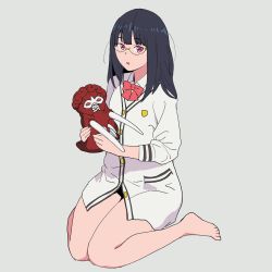 Rule 34 | 10s, 1girl, barefoot, black hair, bow, cardigan, glasses, grey background, gridman universe, highres, looking at viewer, onsen tamago (hs egg), open mouth, pink bow, pink eyes, shinjou akane (real), simple background, sitting, solo, spoilers, ssss.gridman, thick thighs, thighs, toy, wariza