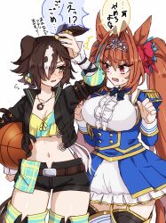 Rule 34 | !?, 2girls, animal ears, ball, basketball (object), black bow, black jacket, black thighhighs, blue dress, blue jacket, blush, bow, breasts, brown eyes, center frills, cleavage, commentary request, daiwa scarlet (umamusume), dress, ear bow, ear ornament, epaulettes, fang, frills, garter straps, hair between eyes, hair intakes, hair over one eye, hide oo, highres, holding, holding ball, holding own ears, horse ears, horse girl, horse tail, jacket, large breasts, leg up, long hair, long sleeves, low ponytail, medium breasts, midriff, multicolored hair, multiple girls, navel, open clothes, open jacket, open mouth, red bow, red eyes, red hair, simple background, stopwatch, stopwatch around neck, streaked hair, tail, thighhighs, tiara, translation request, twintails, umamusume, very long hair, vodka (umamusume), watch, white background, white hair, zettai ryouiki