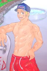 Rule 34 | 1boy, abs, blonde hair, boxers, hat, itto (mentaiko), male focus, male underwear, muscular, nature, outdoors, shorts, smile, solo, topless male, trunks, underwear