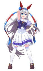 Rule 34 | 1girl, animal ears, blue eyes, bow, bowtie, brown footwear, clenched hand, fang, full body, grey hair, hairband, hand on own hip, headband, highres, horse ears, horse girl, horse tail, long hair, open mouth, outstretched arm, pleated skirt, puffy short sleeves, puffy sleeves, purple shirt, sailor collar, school uniform, shirt, short sleeves, simple background, skirt, solo, standing, tail, tamamo cross (umamusume), thighhighs, tracen school uniform, umamusume, v-shaped eyebrows, white background, white skirt, white thighhighs, yamaguchi satoshi