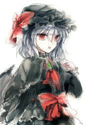 Rule 34 | 1girl, ascot, bat wings, black dress, black hat, bow, brooch, capelet, dress, frilled dress, frilled sleeves, frills, hat, hat bow, jewelry, mob cap, nazuka (mikkamisaki), red bow, red eyes, remilia scarlet, short hair, silver hair, solo, tongue, tongue out, touhou, white background, wings