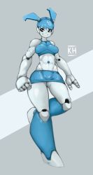 Rule 34 | 1girl, abs, absurdres, black eyes, blue hair, blue panties, blue skirt, breasts, clenched hand, commentary, english commentary, full body, grin, highres, jenny wakeman, joints, kelvin hiu, long legs, medium breasts, midriff, miniskirt, my life as a teenage robot, navel piercing, panties, pantyshot, piercing, robot, robot ears, robot joints, screw, skirt, smile, solo, sports bra, twintails, underwear, walking