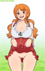 Rule 34 | 1girl, afrobull, blouse, blush, bracelet, breasts, cleavage, cleft of venus, clothes lift, collarbone, collared shirt, dress, dress lift, frills, gradient background, green background, happy, head tilt, highres, huge breasts, jewelry, looking at viewer, nami (one piece), no panties, one piece, open mouth, orange eyes, orange hair, pussy, shirt, short sleeves, skirt, skirt lift, smile, solo, standing, swept bangs, teeth, thigh gap, tongue, twintails, uncensored, upper teeth only, white shirt, whole cake island dress