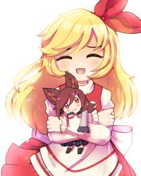 Rule 34 | 2girls, :3, absurdres, animal ears, apron, blonde hair, blush, bow, brown hair, chibi, closed eyes, cowboy shot, crying, dress, dungeon toaster, ellen (touhou), hair bow, happy, highres, imaizumi kagerou, long hair, long sleeves, multiple girls, open mouth, red bow, red dress, red eyes, simple background, touhou, touhou (pc-98), white apron, white background, white dress, wolf ears