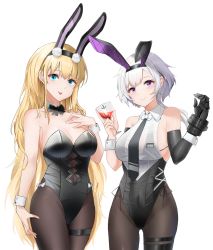 Rule 34 | 2girls, :d, alcohol, animal ears, arm strap, azur lane, bare shoulders, black gloves, black hairband, black legwear, black leotard, black neckwear, blonde hair, blouse, blue eyes, blush, bow, bowtie, breasts, cleavage, closed mouth, clothing cutout, collarbone, collared shirt, commentary, covered navel, cowboy shot, crop top, cup, detached collar, drinking glass, earrings, elbow gloves, fake animal ears, gloves, grey hair, hair between eyes, hairband, hand on own chest, highres, holding, holding cup, id card, jewelry, large breasts, leotard, leotard under clothes, long hair, looking at viewer, low ponytail, metal gloves, multiple girls, navel cutout, neck ribbon, necktie, north carolina (azur lane), north carolina (the heart&#039;s desire) (azur lane), official alternate costume, open mouth, pantyhose, parted hair, playboy bunny, purple eyes, qing wu, rabbit ears, reno (azur lane), reno (reno bunnino) (azur lane), ribbon, see-through, see-through shirt, shirt, side-tie leotard, sideboob, sidelocks, simple background, single elbow glove, skindentation, sleeveless, sleeveless shirt, smile, standing, strapless, strapless leotard, stud earrings, teeth, thigh strap, upper teeth only, w arms, white background, white bow, white bowtie, wine, wine glass, wrist cuffs