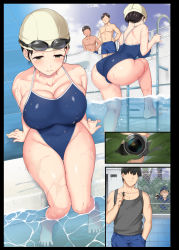 Rule 34 | 1girl, aomizuan, ass, bare arms, bare legs, barefoot, black hair, blue one-piece swimsuit, blush, breast suppress, breasts, bulge, camera, cleavage, closed mouth, cloud, covered navel, embarrassed, erection, erection under clothes, feet, goggles, groin, half-closed eyes, hand in pocket, highres, huge breasts, incha bishoujo wa, tannin ni okasarete mo ikimakuru, katsurai yoshiaki, legs, long hair, no eyes, one-piece swimsuit, original, outdoors, pool, public indecency, sequential, sitting, sky, standing, swim cap, swimsuit, thighs, toes, voyeurism, water, wet, yellow eyes