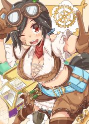Rule 34 | 1girl, adjusting goggles, aircraft, airplane, animal ears, artist name, bandaid, bandaid on face, belt, black hair, blue belt, blue ribbon, boots, breasts, brown footwear, brown gloves, brown skirt, brown thighhighs, cleavage, clothing cutout, commentary, crop top, dated, ear covers, foreshortening, frilled shirt, frilled sleeves, frills, gears, gloves, goggles, goggles on head, hair ribbon, himukaze, horse ears, horse girl, horse tail, knee boots, looking at viewer, medium breasts, midriff, miniskirt, navel, official alternate costume, one eye closed, open mouth, pouch, red eyes, ribbon, shirt, short hair, short sleeves, shoulder cutout, signature, skirt, smile, solo, standing, steampunk, tail, thighhighs, twitter username, umamusume, v, white shirt, winning ticket (dream deliverer) (umamusume), winning ticket (umamusume)