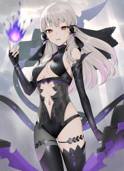 Rule 34 | 1girl, alternate costume, asymmetrical clothes, bare shoulders, black gloves, black leotard, black thighhighs, breasts, center opening, clothing cutout, commentary, commission, cosplay, dark persona, english commentary, evil eyes, evil smile, fingerless gloves, fire, fire emblem, fire emblem: three houses, floating hair, gloves, haru (nakajou-28), highres, kronya (fire emblem), kronya (fire emblem) (cosplay), leotard, long hair, looking at viewer, lysithea von ordelia, magic, medium breasts, navel, navel cutout, nintendo, purple fire, red hair, revealing clothes, smile, solo, thighhighs, underboob cutout, veil, white hair