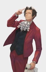 Rule 34 | 1boy, ace attorney, ascot, barcy, brown eyes, brown hair, closed mouth, formal, grey background, hand up, highres, holding, holding paper, light smile, long sleeves, looking at viewer, male focus, miles edgeworth, pants, paper, red pants, red suit, short hair, simple background, solo, standing, suit, vest
