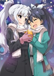 Rule 34 | 2girls, black hair, coat, fang, ganaha hibiki, gloves, hairband, highres, idolmaster, idolmaster (classic), long hair, multiple girls, ponytail, purple eyes, scarf, shared clothes, shared scarf, shijou takane, silver hair, smile, yumekaranigeruna