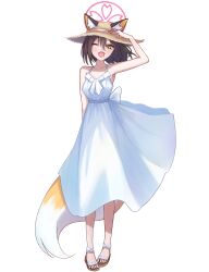 1girl ;d alternate_costume animal_ear_fluff animal_ears arm_behind_back arm_up bare_shoulders blue_archive blush brown_eyes brown_footwear brown_hair collarbone commentary_request dress ears_through_headwear eyelashes eyeliner fang floating_clothes floating_hair fox_ears fox_girl fox_tail full_body hair_between_eyes hair_down halo hand_on_headwear happy hat hat_ribbon highres izuna_(blue_archive) izunasuki_art long_dress looking_at_viewer makeup medium_hair one_eye_closed open_mouth pink_halo ribbon sandals simple_background skin_fang sleeveless sleeveless_dress smile solo spaghetti_strap standing straw_hat sundress tail toes transparent_background white_dress white_ribbon wind