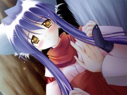 Rule 34 | 1girl, animal ears, blue hair, blush, grabbing another&#039;s breast, breasts, cat ears, cat tail, dutch angle, game cg, grabbing, koma (tail tale), louis&amp;visee, orbit, small breasts, solo focus, tail, tail tale, tree, yellow eyes