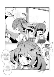 Rule 34 | 1boy, 2girls, 2koma, ^^^, admiral (kancolle), arm warmers, clip studio paint, closed eyes, collared shirt, comic, commentary, double bun, dress, dress shirt, english commentary, english text, floral background, greyscale, hair bun, hair ribbon, highres, hug, indoors, kantai collection, kasumi (kancolle), long hair, long sleeves, looking at another, medium hair, michishio (kancolle), monochrome, motion lines, multiple girls, open mouth, pinafore dress, ribbon, shaded face, sheita, shirt, short sleeves, short twintails, side ponytail, sidelocks, sleeveless dress, speech bubble, standing, suspenders, sweatdrop, tears, twintails, upper body, v-shaped eyebrows, wing collar