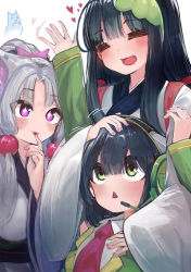 Rule 34 | + +, 3girls, = =, absurdres, animal ear fluff, animal ears, arm up, black hair, bow, closed eyes, detached sleeves, eyes visible through hair, finger to mouth, fox ears, fox girl, green eyes, green hairband, green sleeves, grey hair, hair between eyes, hair bobbles, hair bow, hair intakes, hair ornament, hairband, hand on another&#039;s head, hand up, headphones, heart, highres, japanese clothes, kimono, kyoumachi seika, long hair, long sleeves, microa, microphone, motion lines, multiple girls, necktie, nhk (voiceroid), open mouth, pink bow, pink eyes, red necktie, short hair, siblings, simple background, sisters, smile, spirit, touhoku itako, touhoku zunko, triangle mouth, v-shaped eyebrows, vocaloid, voiceroid, white background, white kimono, wide sleeves