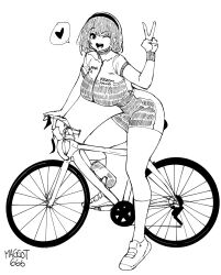 Rule 34 | 1girl, bicycle, bike jersey, bike shorts, breasts, commission, cycling uniform, full body, greyscale, hairband, heart, highres, kneehighs, large breasts, looking at viewer, medium hair, monochrome, norman maggot, open mouth, original, riding, riding bicycle, rina atherina, shoes, short sleeves, simple background, sitting, smile, sneakers, socks, spoken heart, sweatband, thick thighs, thighs, v, white background