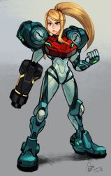 Rule 34 | 1girl, alex ahad, arm cannon, armor, blonde hair, clenched hand, full body, grey background, highres, looking at viewer, metroid, metroid dread, mole, mole under mouth, narrow waist, nintendo, ponytail, power armor, samus aran, solo, standing, weapon