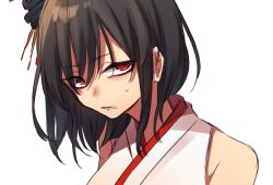 Rule 34 | 1girl, bare shoulders, black hair, breasts, hair between eyes, hair ornament, half-closed eyes, japanese clothes, kantai collection, looking at viewer, medium breasts, portrait, red eyes, short hair, simple background, sleeveless, solo, sumoffu, sweat, white background, yamashiro (kancolle)