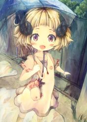 Rule 34 | 1girl, :d, absurdres, aged down, blonde hair, blunt bangs, blush stickers, chibimame, child, dress, hair ornament, hairclip, highres, holding, holding umbrella, hololive, horns, open mouth, purple eyes, sheep girl, sheep horns, short dress, short hair, short sleeves, smile, solo, transparent, transparent umbrella, tsunomaki watame, umbrella, virtual youtuber