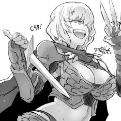 Rule 34 | 1girl, armor, between fingers, breastplate, breasts, butcha-u, cleavage, clementine (overlord), cloak, dagger, dual wielding, evil smile, greyscale, hair over one eye, highres, holding, knife, large breasts, laughing, midriff, monochrome, overlord (maruyama), short hair, smile, solo, throwing knife, vambraces, weapon
