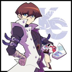Rule 34 | 1boy, arm belt, artsy-rc, black border, blue eyes, border, bright pupils, brown hair, card, closed mouth, commentary, deck, deck of cards, duel disk, english commentary, hand on own hip, highres, holding, holding card, juliet sleeves, kaiba seto, long sleeves, looking at viewer, male focus, puffy sleeves, signature, solo, yu-gi-oh!, yu-gi-oh! duel monsters